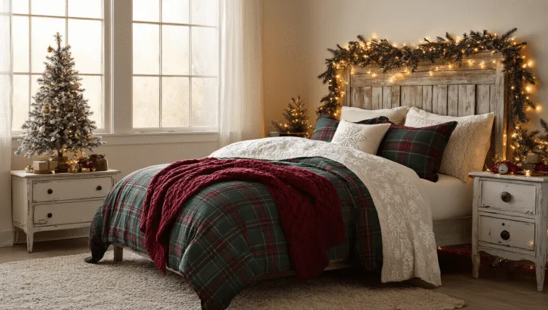 A cozy Christmas bedroom scene featuring a queen-sized bed with plaid duvet covers and snowflake-embroidered pillows, warmly lit by fairy lights and golden hour sunlight filtering through frosted windows, with a petite flocked Christmas tree and vintage decor elements.