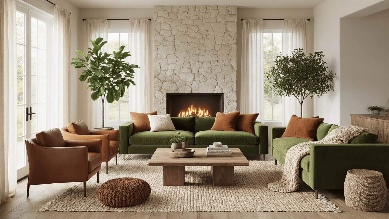 A sunlit, cozy living room featuring a modern moss-green velvet sofa, cognac leather armchairs, and a raw-edge walnut coffee table, surrounded by natural elements like a stone accent wall, potted plants, and textured rugs, all beautifully illuminated by golden hour light.