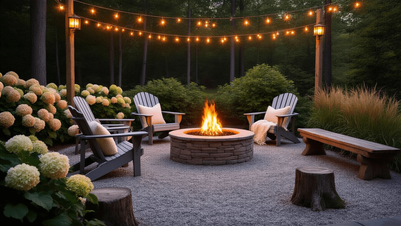 A cozy dusk garden sanctuary featuring a circular fieldstone fire pit, Adirondack chairs, and reclaimed wood benches, surrounded by hydrangeas and illuminated by solar lanterns and copper string lights.