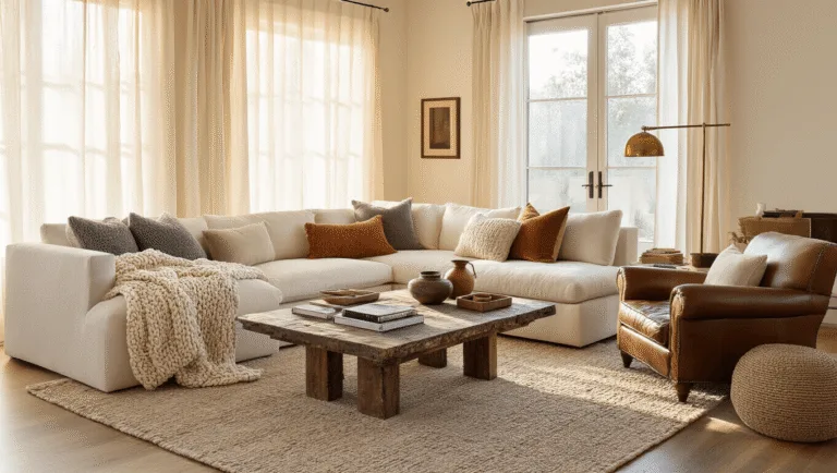 A luxurious living room bathed in warm golden hour light, featuring a cream sectional sofa with textured throws, velvet pillows, a distressed leather armchair, and a brass floor lamp. The space includes a reclaimed wood coffee table with artisanal ceramics and a vintage Persian rug layered over a jute rug, complemented by trailing pothos plants and a gallery of black and white photographs on the walls.