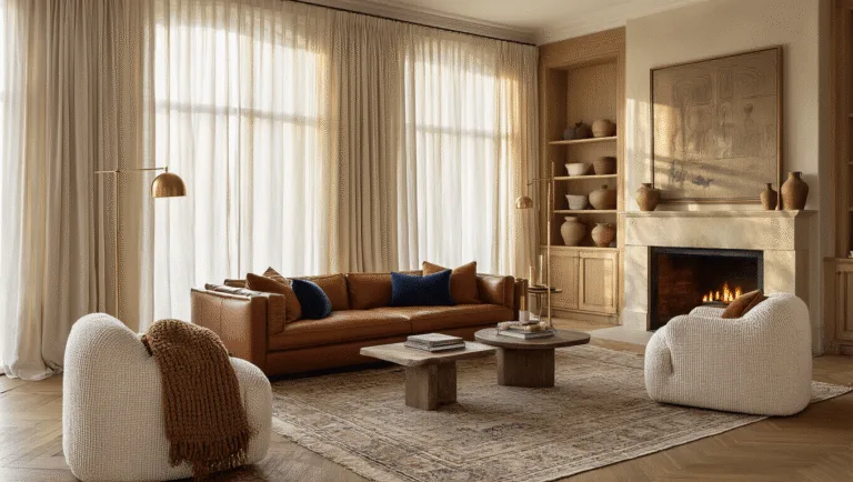 A luxurious living room bathed in golden hour sunlight, featuring a cognac leather sofa with plush throws and pillows, vintage Persian rugs, bouclé armchairs, and a glowing limestone fireplace, all captured in photorealistic detail.