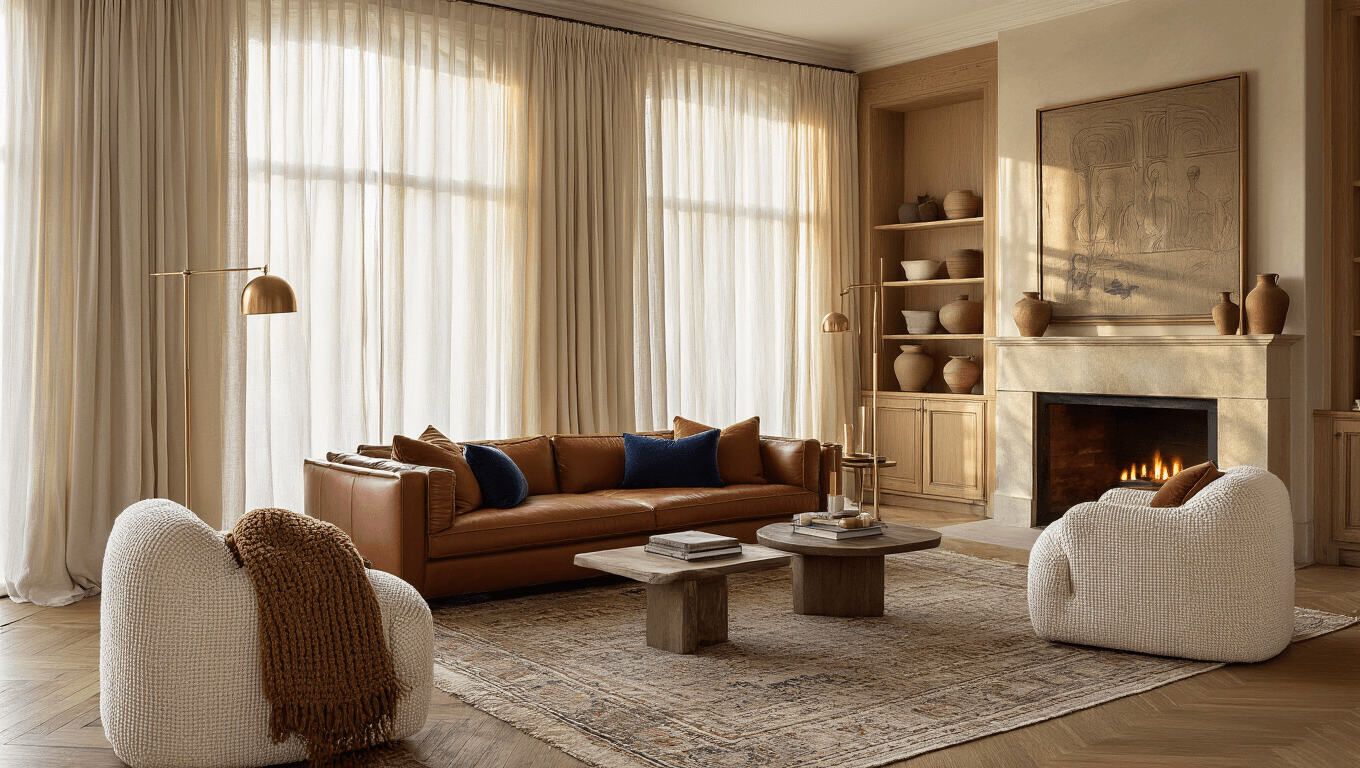 A luxurious living room bathed in golden hour sunlight, featuring a cognac leather sofa with plush throws and pillows, vintage Persian rugs, bouclé armchairs, and a glowing limestone fireplace, all captured in photorealistic detail.