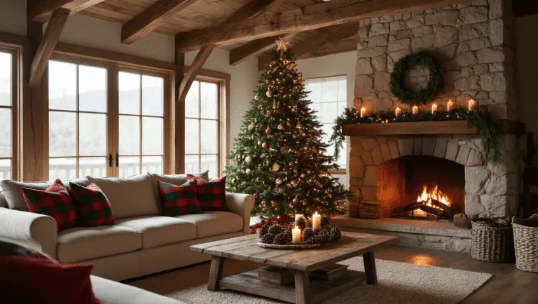 A warm and inviting rustic living room featuring a 7-foot Christmas tree adorned with handmade ornaments and lights, a plush beige sofa with plaid pillows, and a rustic wooden coffee table with pinecones and candles, all bathed in soft ambient lighting from a stone fireplace.