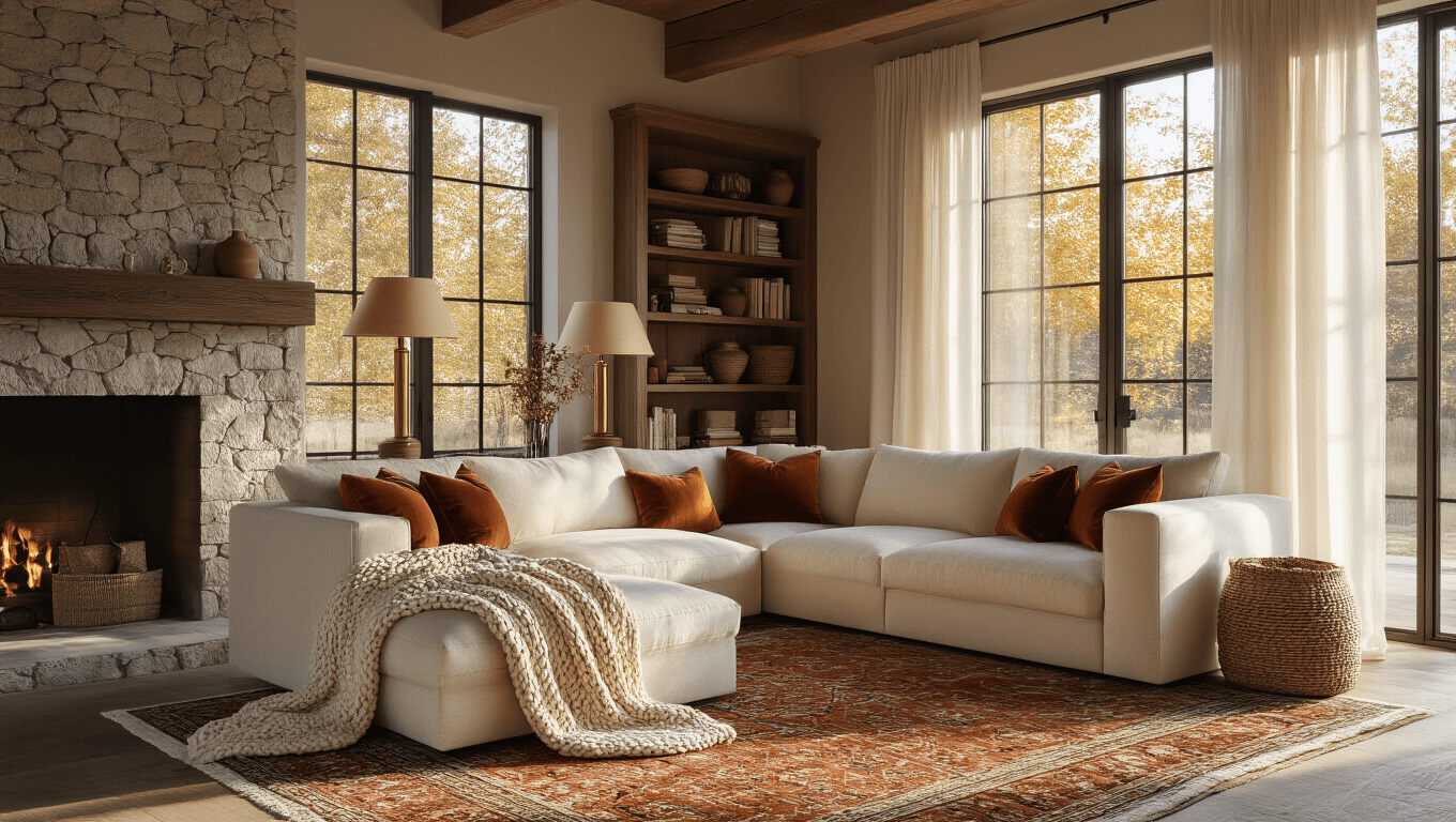 Photorealistic interior of a sun-drenched modern rustic living room with a cream L-shaped sectional, vintage Persian rug, stacked stone fireplace, and warm brass accents, captured at golden hour with soft bokeh and detailed textures.