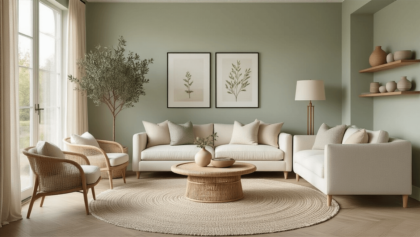 A bright and airy minimalist living room featuring pale sage green walls, a cream linen sofa, blush bouclé armchairs, and a round rattan coffee table, with soft morning light streaming in through sheer curtains.
