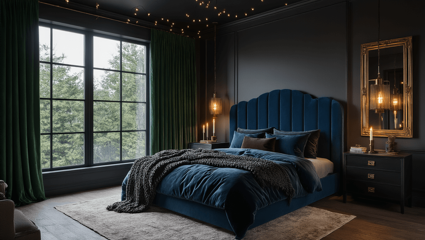 A luxurious master bedroom at dusk, featuring a king-size bed with a deep blue velvet headboard, charcoal walls, and layered textures of silk bedding, chunky knit throws, and faux fur pillows. Warm light from brass lamps illuminate dark walnut nightstands, while floor-to-ceiling forest green velvet curtains frame the windows. An oversized vintage mirror reflects candlelight, with a plush rug underfoot and delicate string lights on a matte black ceiling, creating a moody, intimate atmosphere.