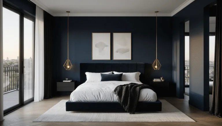 Hyperrealistic architectural photography of a luxe contemporary bedroom with navy walls, a king-size platform bed, minimalist black nightstands, floor-to-ceiling windows, and layered textures of silk bedding and velvet pillows, captured in warm golden hour light.