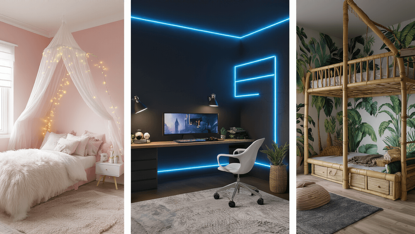 A photorealistic interior photography collection featuring four distinct bedroom styles: a pastel teen bedroom with pink walls and fairy lights, a modern gamer's room with LED strips and geometric patterns, a jungle-themed kids' room with tropical murals and a loft bed, and a minimalist musician's studio with sound-dampening panels and a baby grand piano, all captured in cinematic lighting and 8K resolution.