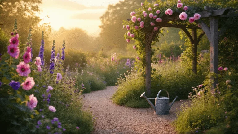 Crafting Your Dream Backyard Cottage Garden: A Complete Guide Photorealistic image of a dreamy cottage garden at sunset, featuring a weathered wooden arbor with climbing roses and clematis, a winding gravel path, and vibrant flowers amidst dappled sunlight and soft bokeh effects.