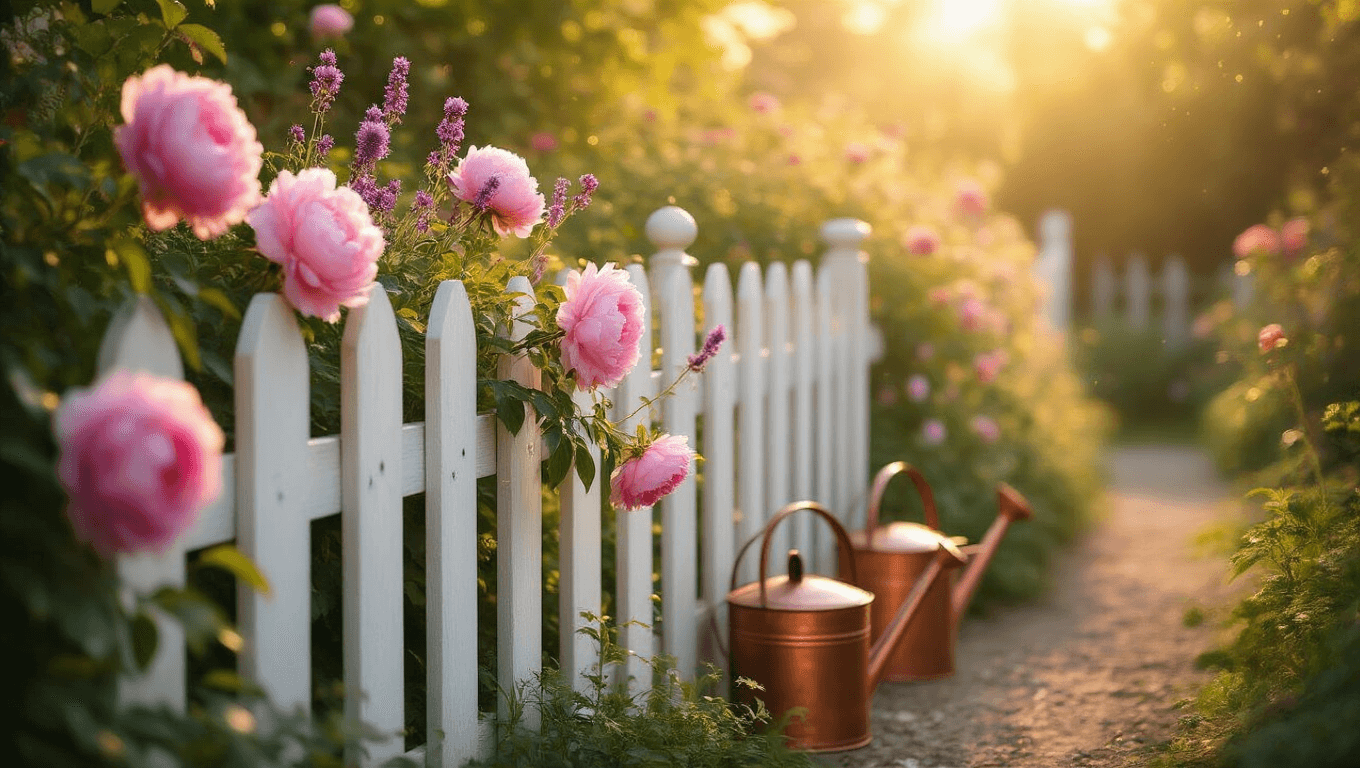 Photorealistic wide-angle shot of a white picket fence curving through an English cottage garden, illuminated by golden hour sunlight, adorned with blooming pink peonies, purple catmint, and pale pink roses, with vintage copper watering cans and glistening morning dew, showcasing warm tones and a tranquil, pastoral atmosphere.