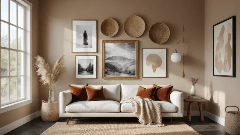 A sun-drenched contemporary living room showcasing a gallery wall of curated art and mirrors, featuring a cream linen sofa with jewel-toned pillows, dark hardwood floors, and a natural jute rug, all enhanced by ambient lighting and greenery.