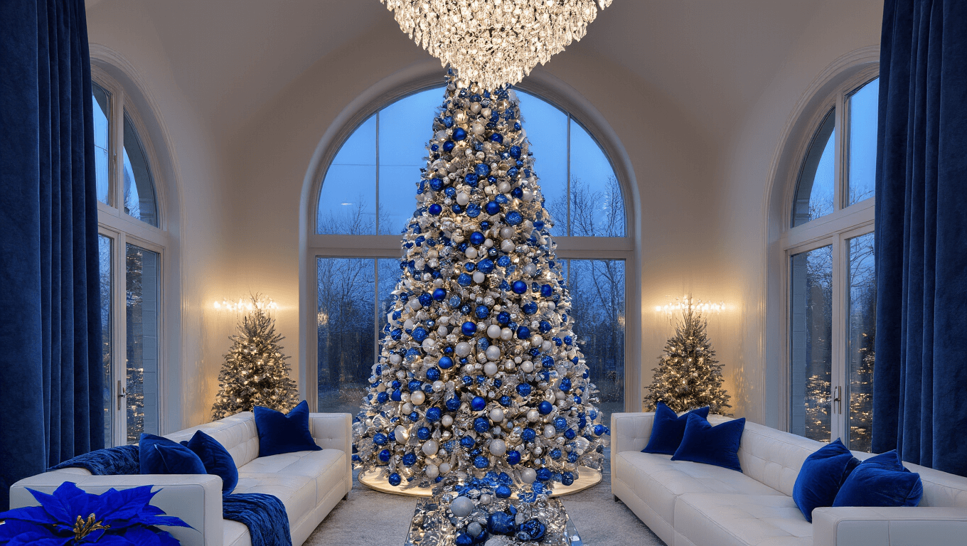 A majestic living room featuring a 9-foot flocked Christmas tree decorated with blue and silver ornaments, illuminated by warm chandelier light, with a white leather sectional and blue accents, all bathed in a magical evening glow.