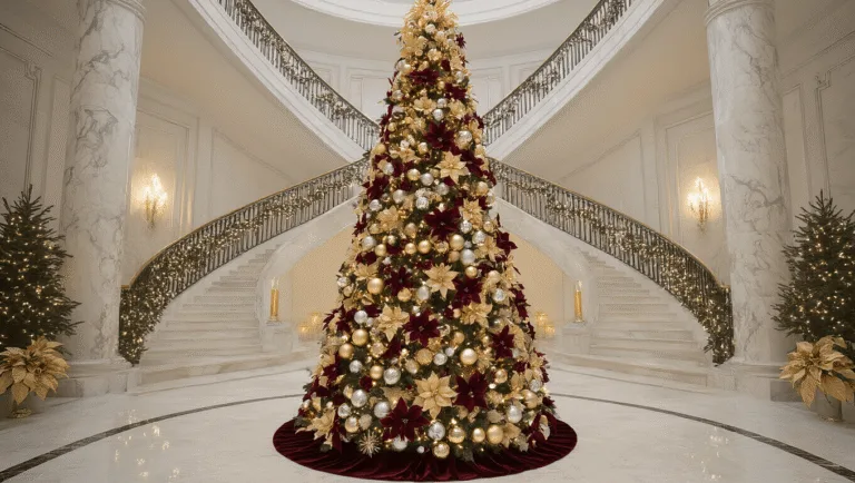 A majestic 12-foot Christmas tree adorned with champagne gold, silver, and deep burgundy ornaments stands in a grand marble foyer, illuminated by warm LED lights and natural light streaming through tall arched windows, with a sweeping curved staircase in the background.