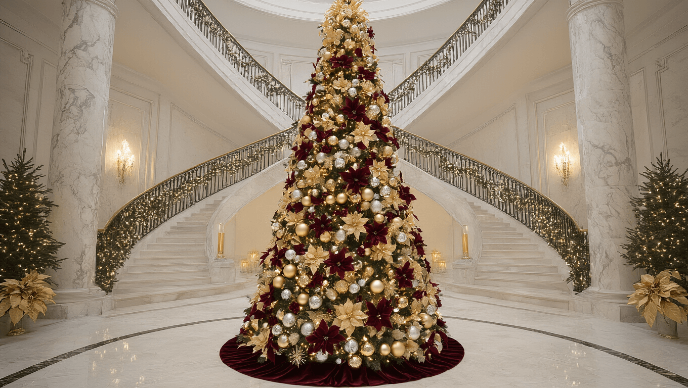 A majestic 12-foot Christmas tree adorned with champagne gold, silver, and deep burgundy ornaments stands in a grand marble foyer, illuminated by warm LED lights and natural light streaming through tall arched windows, with a sweeping curved staircase in the background.