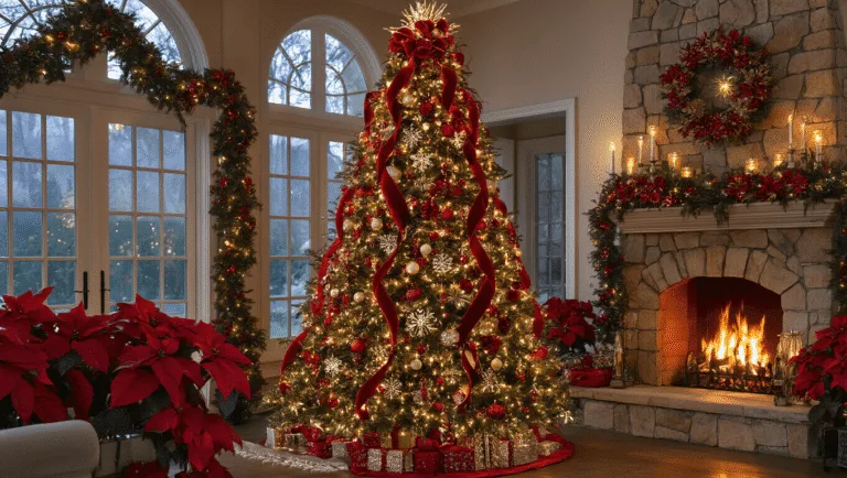 A luxurious living room at dusk featuring a 9-foot Fraser fir Christmas tree adorned with red and gold decorations, set near a stone fireplace with crackling flames, complemented by plush furnishings and a snowy twilight view outside.