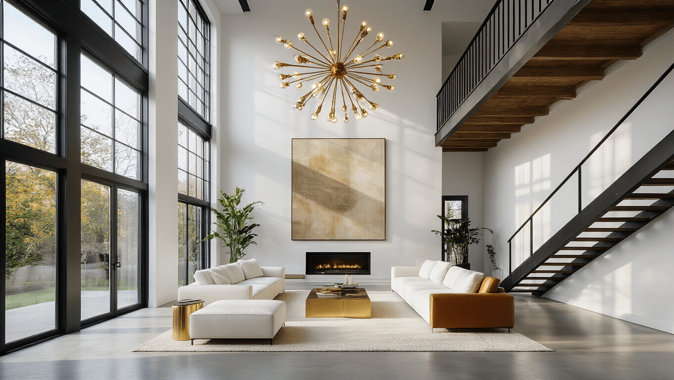 A stunning double-height living room with 20-foot ceilings, featuring floor-to-ceiling windows, a brass Sputnik chandelier, and modern minimalist furnishings, bathed in golden hour light.