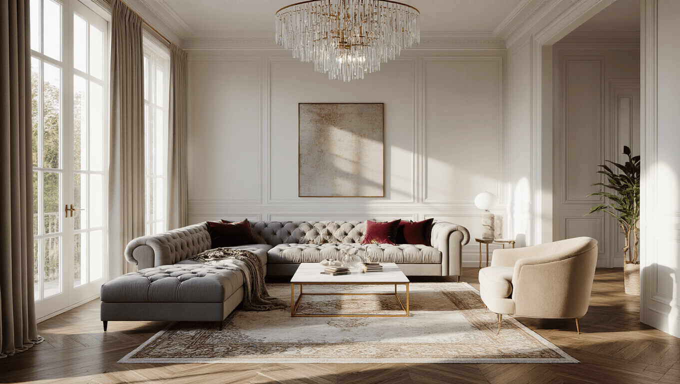 Photorealistic interior shot of a luxurious living room featuring a dove-gray tufted sectional, champagne-velvet accent chairs, a white marble coffee table on a vintage Persian rug, tall white wainscoting, and a limestone fireplace, all bathed in golden hour sunlight.