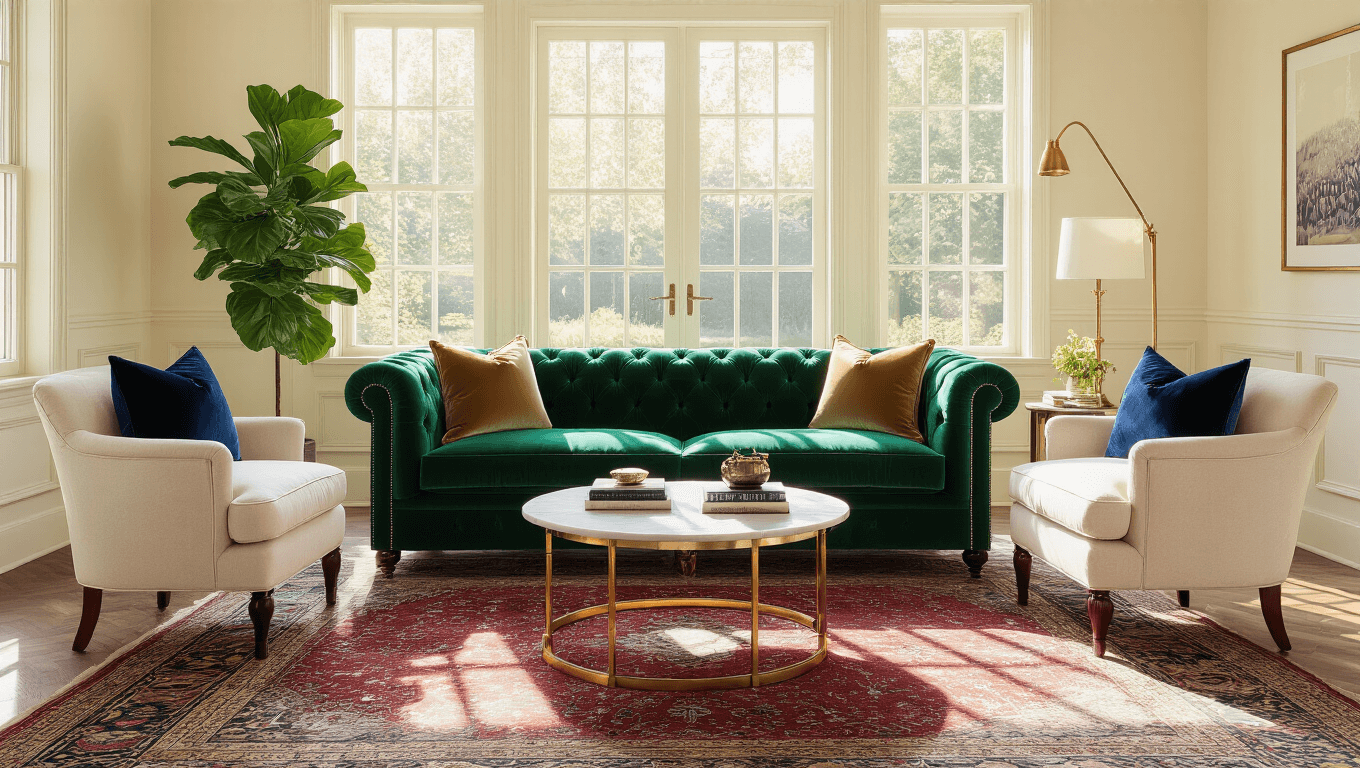 Photorealistic interior of a luxurious living room featuring an emerald green velvet Chesterfield sofa, cream walls, large windows with golden sunlight, Persian rugs, cream accent chairs, a marble coffee table, and stylish decor.
