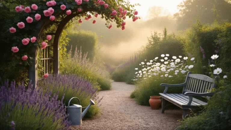 A dreamy cottage garden at golden hour featuring a weathered wooden arch adorned with pink roses, a winding gravel path, layered plantings of lavender, foxgloves, and cosmos, with a vintage zinc watering can and terracotta pots near a wooden bench, all bathed in soft sunlight and atmospheric mist.