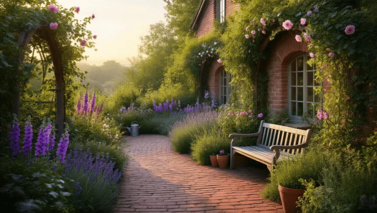 A cinematic wide-angle shot of a serene cottage garden terrace at golden hour, featuring layered plantings, climbing roses, delphiniums, and foxgloves, with a winding brick pathway, vintage watering cans, and a rustic bench, all enhanced by soft evening light and magical bokeh effects.