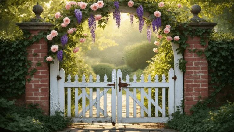 A weathered white wooden garden gate adorned with pink and cream David Austin roses, purple wisteria, and white clematis, set between aged brick pillars covered in ivy, with a flagstone path lined with lavender and perennials, captured in warm golden-hour light.