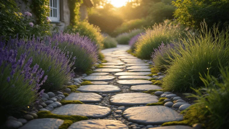 Photorealistic garden stone path meandering through cottage gardens, captured during golden hour with rich colors and soft lighting, featuring blooming lavender and lush plants.
