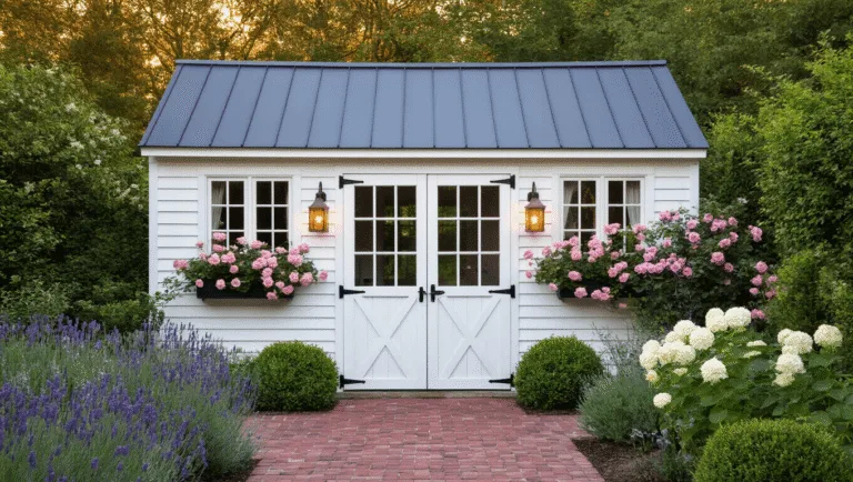 Cinematic golden hour photograph of a white garden shed in an English garden, featuring a charcoal gray metal roof, window boxes with pink roses and purple clematis, and a weathered brick pathway, surrounded by lavender, delphinium, and white hydrangeas, all illuminated by soft evening light.