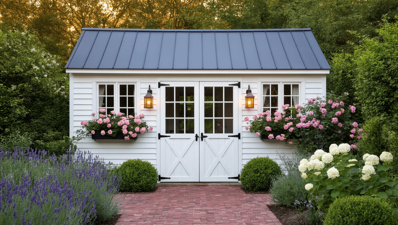 Cinematic golden hour photograph of a white garden shed in an English garden, featuring a charcoal gray metal roof, window boxes with pink roses and purple clematis, and a weathered brick pathway, surrounded by lavender, delphinium, and white hydrangeas, all illuminated by soft evening light.