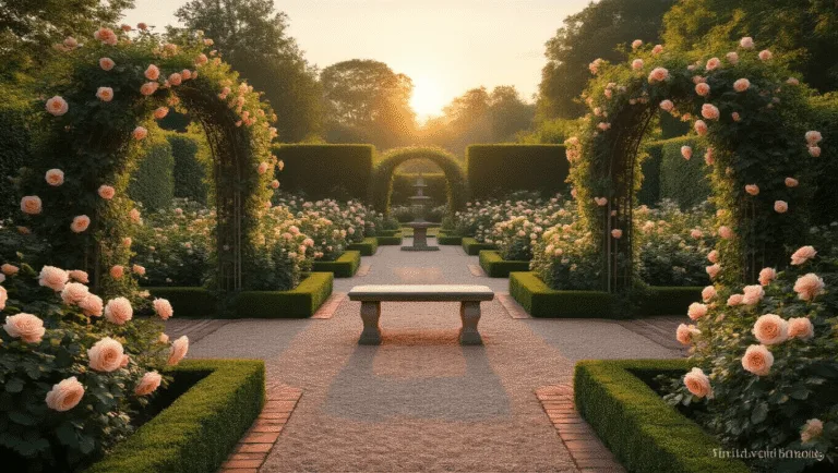 A photorealistic wide-angle view of a formal English rose garden at golden hour, featuring symmetrical gravel paths, cascading David Austin roses, a heritage stone bench, and manicured boxwood hedges, with warm sunlight creating soft shadows and a dreamy bokeh background.