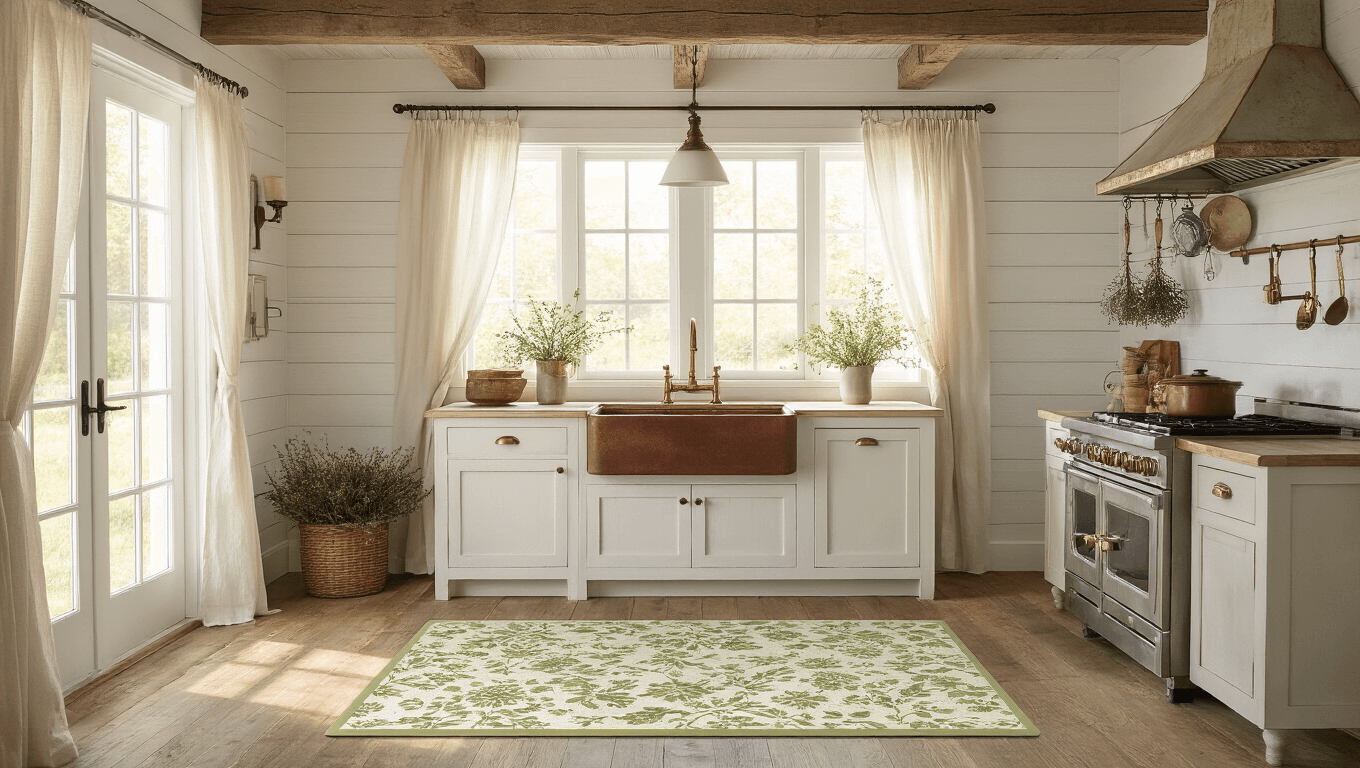 A sunlit farmhouse kitchen featuring a premium anti-fatigue mat with a distressed floral pattern, white shiplap walls, exposed wooden beams, and a weathered copper sink, accented by vintage enamelware, dried herbs, and mason jars with wildflowers.