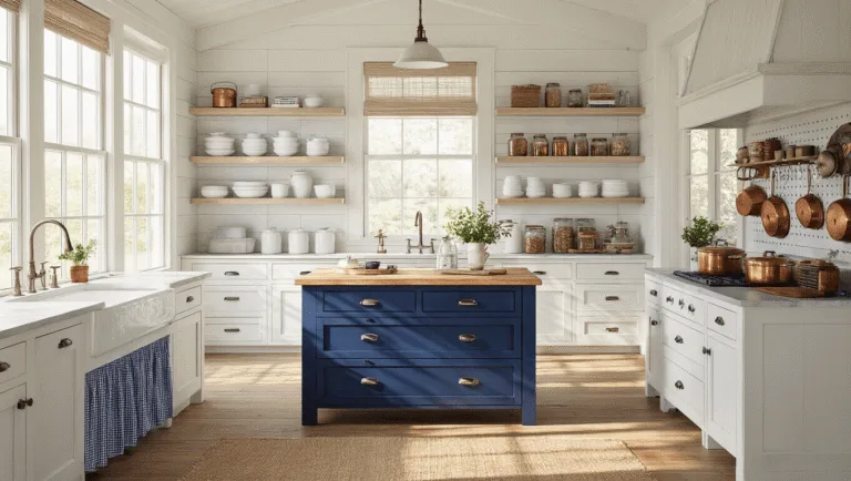 A sun-drenched farmhouse kitchen featuring navy blue island with butcher block top, white shaker-style cabinets, open shelving with ironstone dishes and copper pots, organized mason jars, and a blue gingham skirted sink cabinet, all captured in warm golden hour light with natural textures.