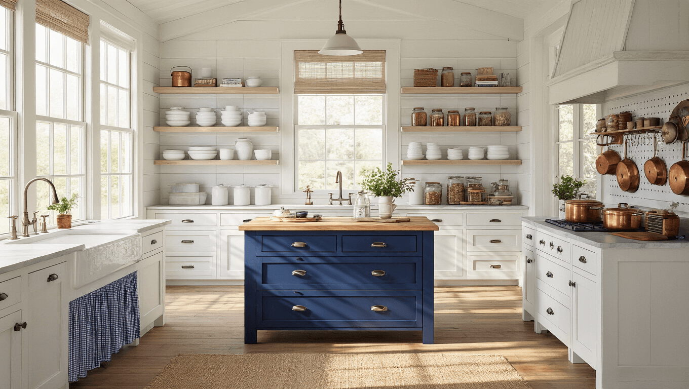 A sun-drenched farmhouse kitchen featuring navy blue island with butcher block top, white shaker-style cabinets, open shelving with ironstone dishes and copper pots, organized mason jars, and a blue gingham skirted sink cabinet, all captured in warm golden hour light with natural textures.