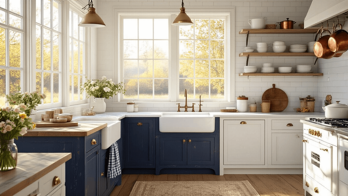 A bright farmhouse kitchen bathed in morning light, featuring white shaker cabinets, a distressed navy blue island with a marble countertop, and vintage elements like copper pots and a farmhouse sink, showcasing rustic elegance and warm color tones.