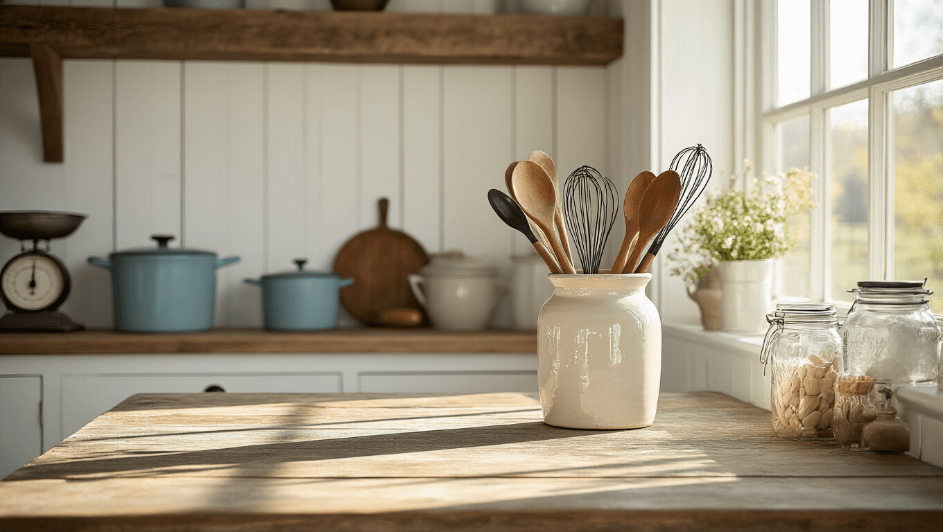 A sunlit farmhouse kitchen with a distressed ceramic utensil holder on a wooden island, filled with wooden spoons and copper whisks, surrounded by vintage accessories and fresh herbs, enhancing the rustic decor ambiance.