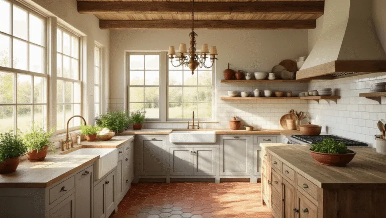 A sunlit farmhouse kitchen featuring creamy white subway tile, weathered terracotta floor tiles, vaulted wooden beams, and a butcher block island adorned with fresh herbs, highlighted by a vintage brass chandelier.