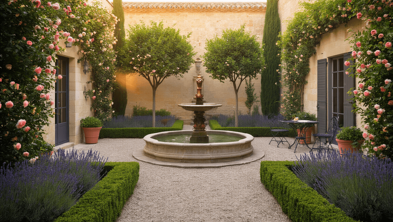 A photorealistic image of a French courtyard garden at golden hour, featuring limestone walls adorned with climbing roses, a central stone fountain, trimmed boxwood parterres, crushed gravel paths, and terracotta pots of blooming lavender. The scene is bathed in warm light, highlighting architectural details like arched wooden gates and copper lanterns.