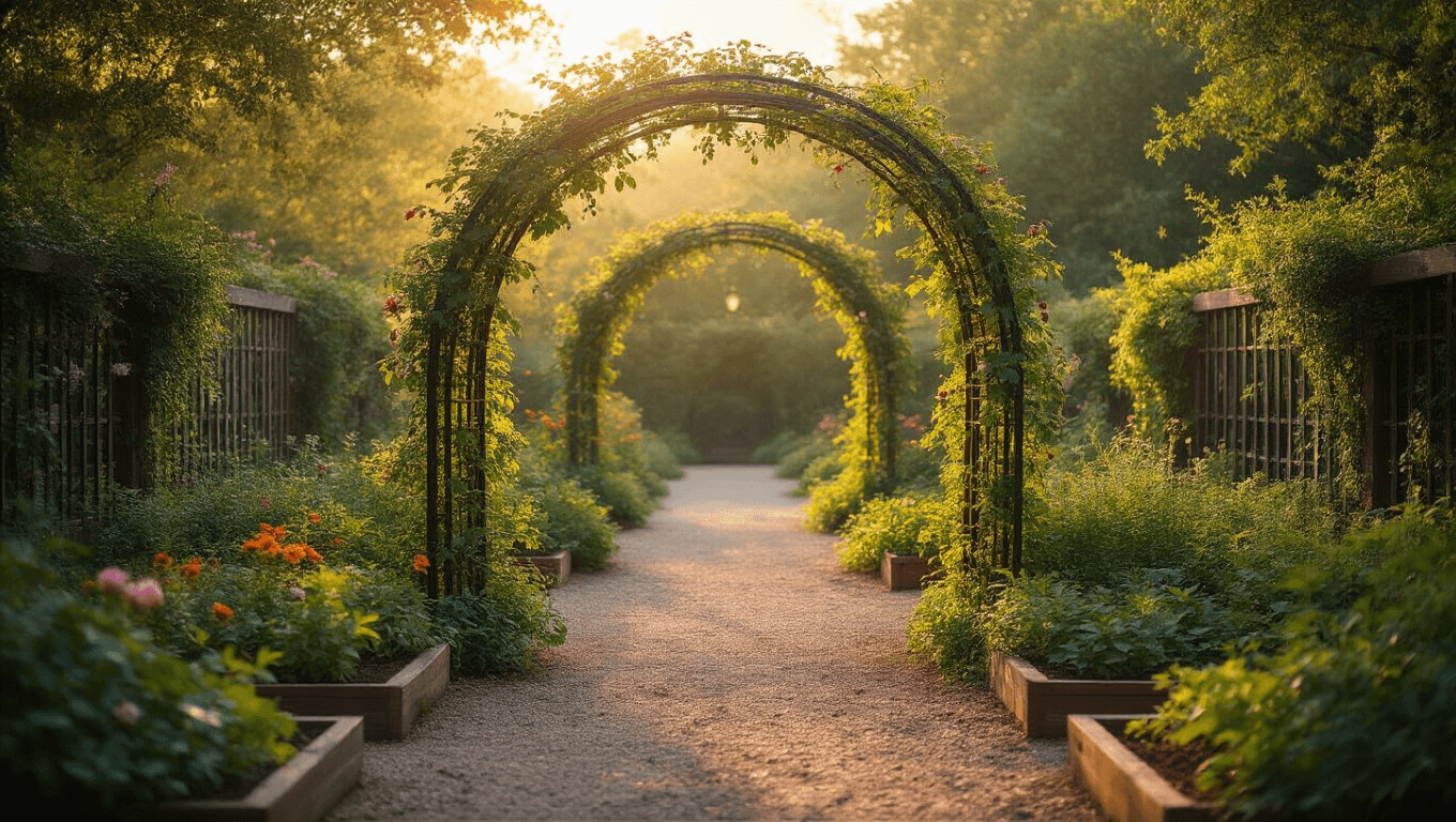 A wide-angle photograph of a sunlit garden featuring multiple garden arch trellises, including a metal cattle panel arch with scarlet runner beans, a Victorian wrought-iron arch with pink roses, and a rustic cedar arch with grapevines. Foreground shows raised cedar herb beds with marigolds and basil, illuminated by dappled sunlight with dramatic shadows on brick pathways, complemented by copper lanterns. Background includes boxwood hedges and climbing clematis, with dewdrops on leaves and atmospheric morning mist.