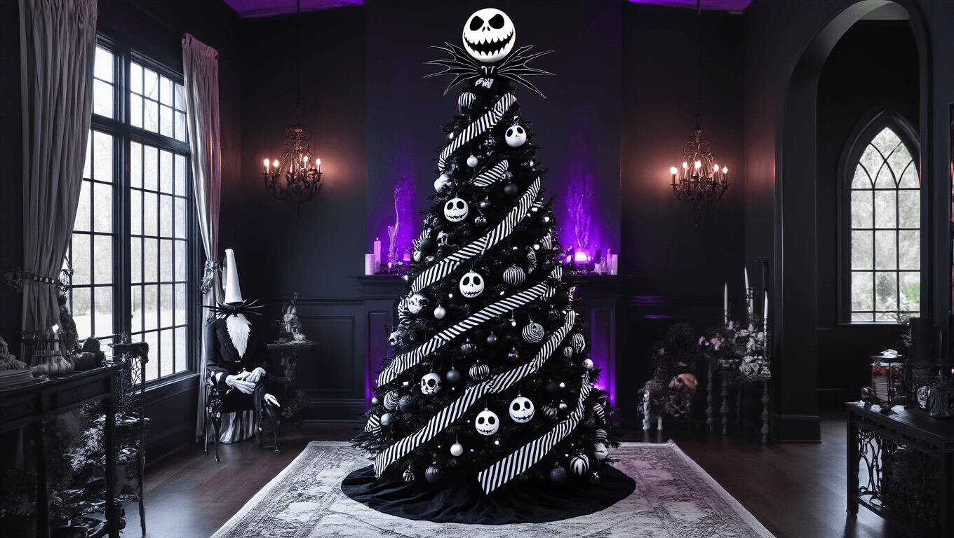 A gothic living room featuring a dramatic black artificial Christmas tree adorned with Jack Skellington ornaments, illuminated by cool white and purple lighting, set against dark charcoal walls, with a black leather sofa and sheer purple curtains filtering moonlight.