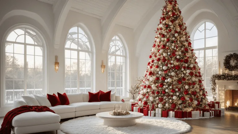 A luxurious living room with vaulted ceilings features a 9-foot Christmas tree adorned with red and white ornaments, surrounded by a plush sectional sofa and illuminated by warm golden hour light streaming through large windows.
