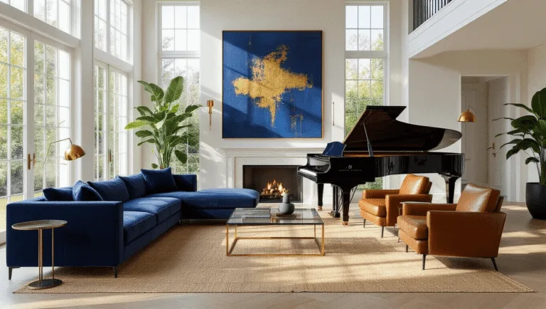Photorealistic interior of a spacious living room featuring a glossy black grand piano, navy velvet sectional sofa, cognac leather armchairs, and an abstract painting, all illuminated by warm afternoon sunlight.