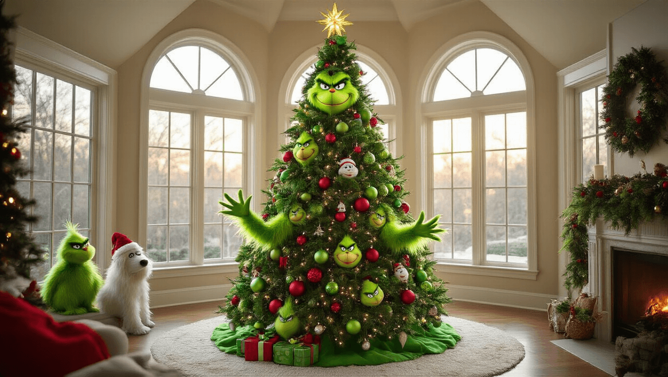 A luxurious living room featuring a Grinch-themed Christmas tree adorned with vibrant ornaments, oversized Grinch face baubles, and playful decorations, illuminated by golden hour light. The scene includes a beige sectional sofa with themed throw pillows, festive wall art, and a cozy atmosphere filled with holiday charm.