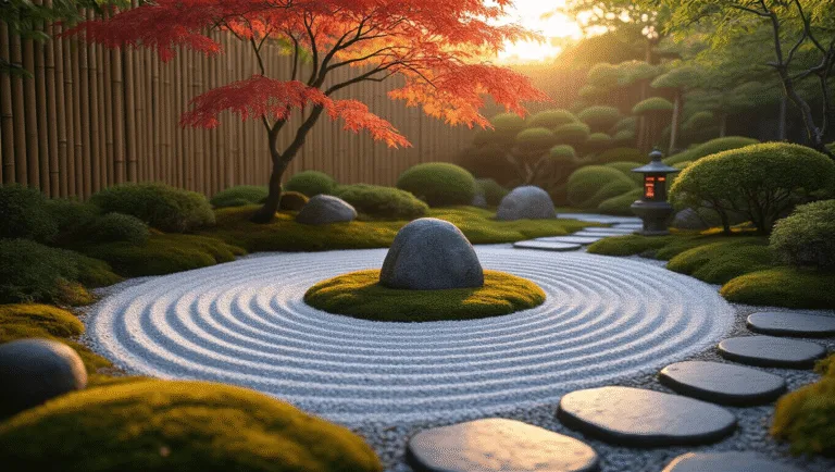 A serene Japanese garden at sunset featuring raked white gravel, a granite focal stone, and a Japanese maple with red leaves, illuminated by warm ambient light from a copper lantern.