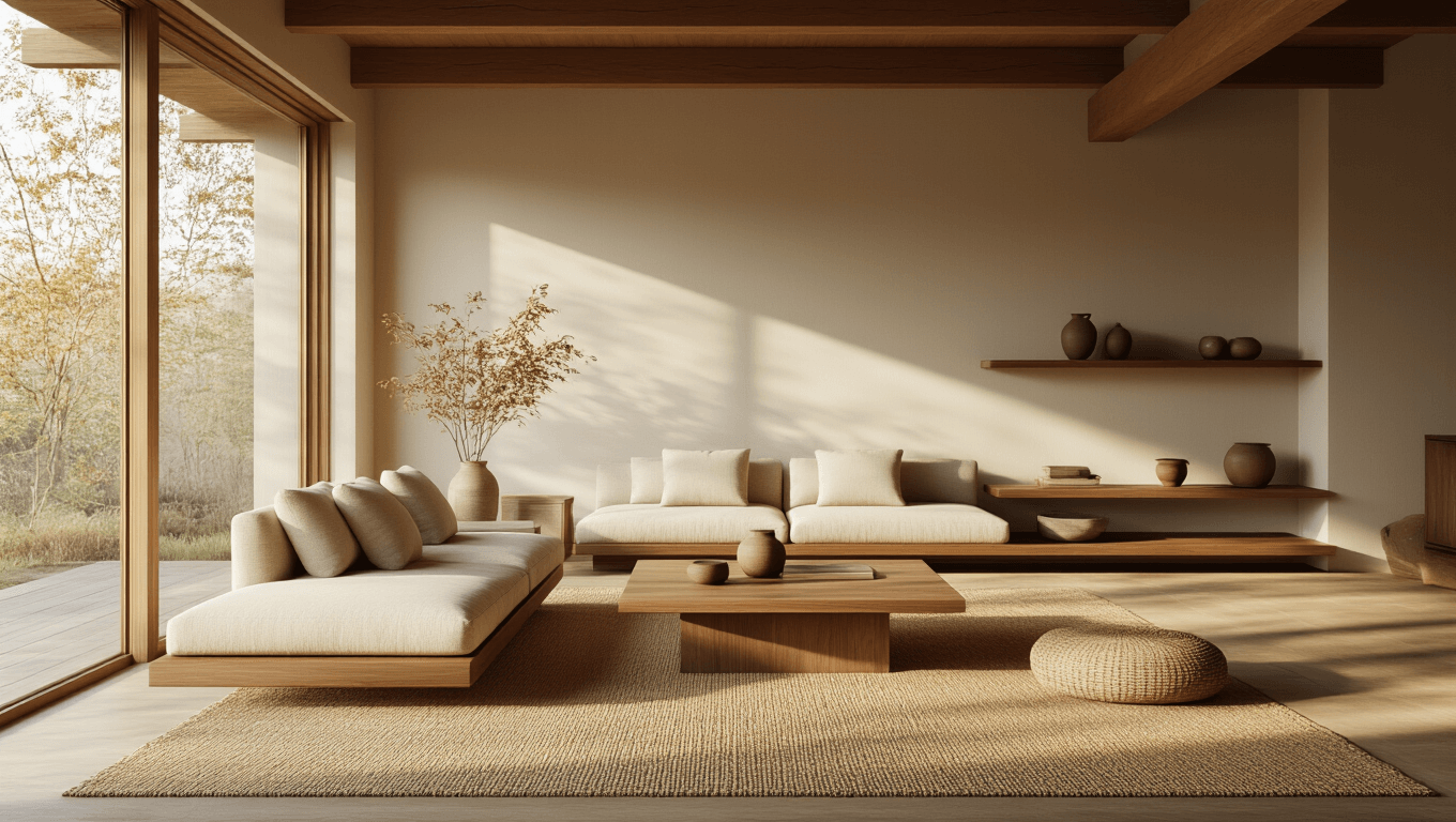 A serene Japandi living room bathed in soft morning light, featuring a low-profile walnut sofa with oatmeal linen cushions, a blonde wood coffee table, and a textured jute rug, complemented by minimal ceramic vessels and warm wood beams, all captured in a photorealistic, cinematic style.