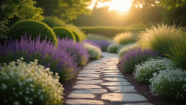 Cinematic golden hour photo of a lush garden border featuring manicured boxwood shrubs, billowing purple catmint, and delicate white alyssum, with a winding stone path illuminated by soft sunlight and rich textures in the foliage.