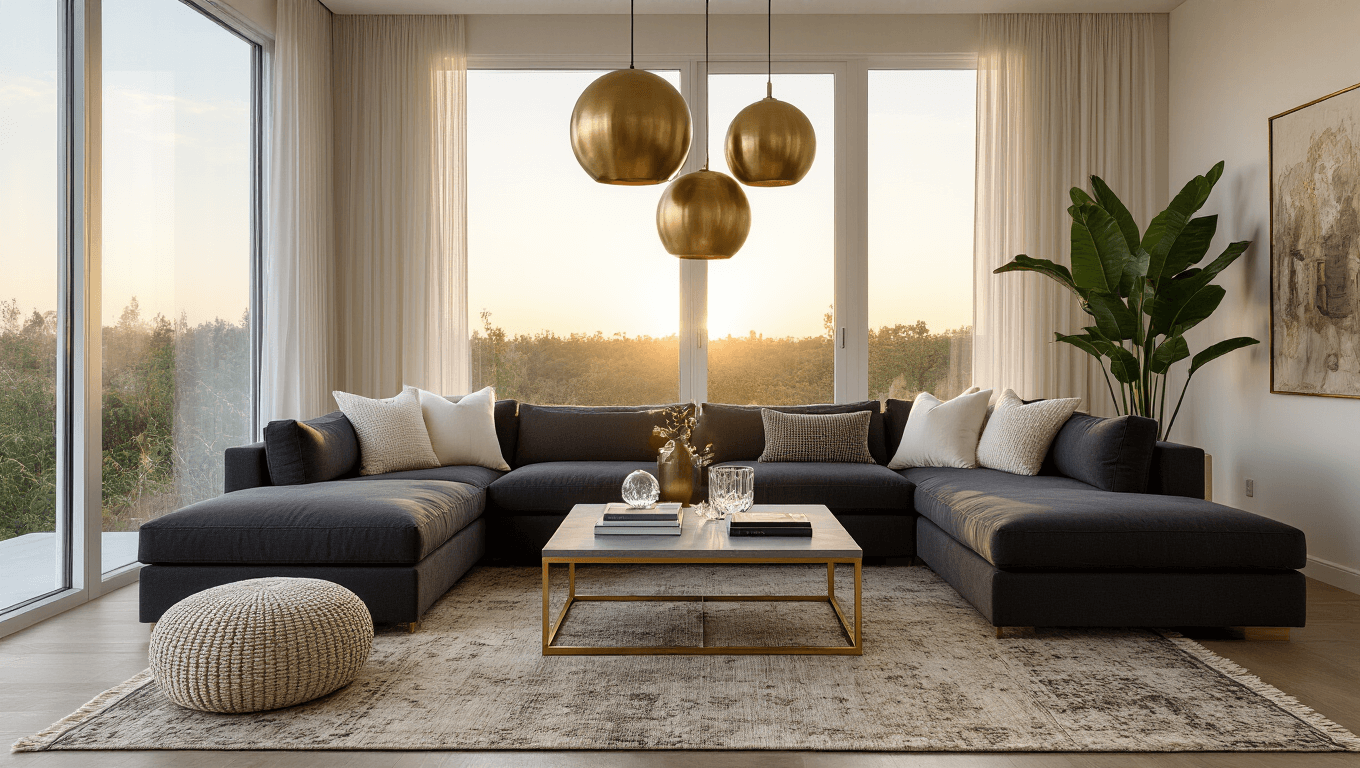Cinematic photograph of a modern luxe living room during golden hour, featuring a charcoal sectional sofa, brass-framed coffee table, layered vintage rugs, statement pendant lights, and a large monstera plant, with warm light casting shadows on polished concrete floors.