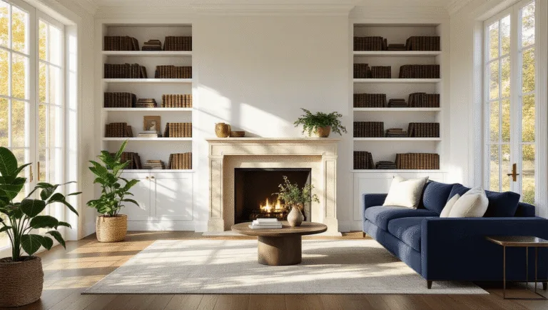 Photorealistic interior of a sunlit living room featuring floor-to-ceiling white built-in shelves around a limestone fireplace, styled with leather-bound books, brass accents, and trailing pothos plants, complemented by a plush navy sectional sofa and ivory bouclé pillows, all captured in warm golden hour light with dramatic shadows and a shallow depth of field.