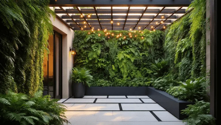 Photorealistic image of a luxurious small courtyard garden at golden hour, featuring a living wall of lush ferns and philodendrons, geometric limestone pavers, sleek charcoal planters, and overhead copper string lights, captured with a shallow depth of field.