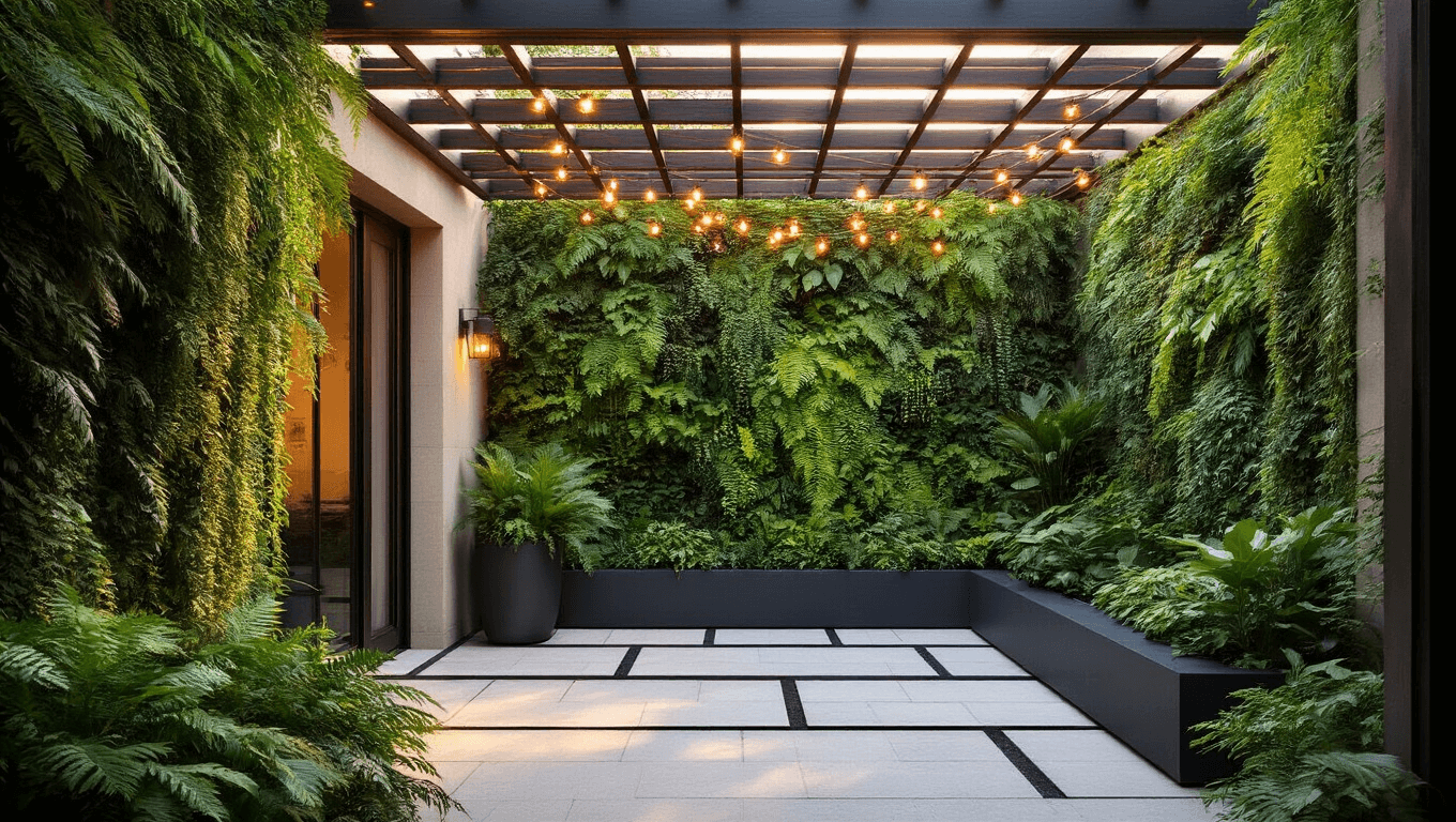 Photorealistic image of a luxurious small courtyard garden at golden hour, featuring a living wall of lush ferns and philodendrons, geometric limestone pavers, sleek charcoal planters, and overhead copper string lights, captured with a shallow depth of field.