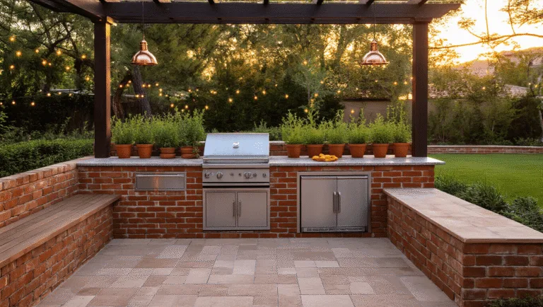 Photorealistic wide-angle shot of a sophisticated L-shaped brick BBQ kitchen in a manicured backyard during golden hour, featuring weathered red clay bricks, stainless steel grill, polished granite countertops, and copper pendant lights under a dark wood pergola.