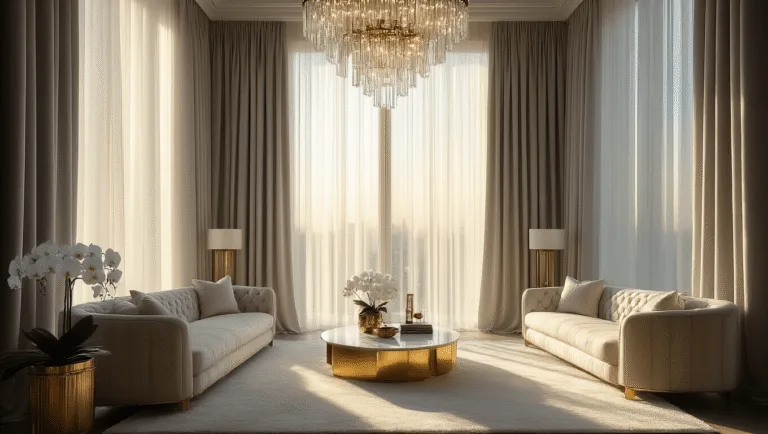 Elegant living room with floor-to-ceiling windows draped in pearl gray silk curtains, featuring modern furniture, a marble coffee table, and a crystal chandelier, illuminated by warm golden hour light.